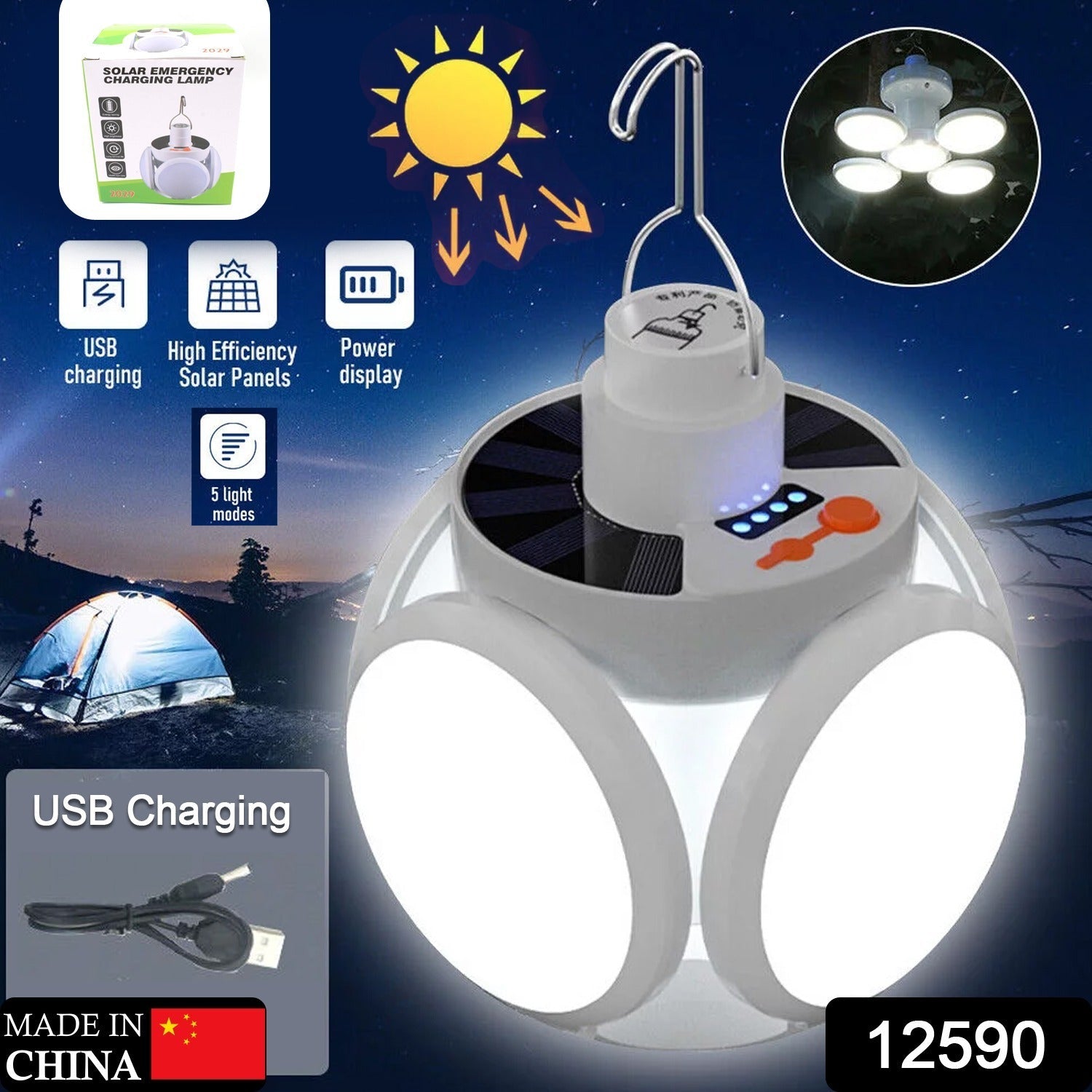 12590 Solar Multi-Functional Emergency LED Light Bulb with USB Charging, LED camping lamp, camping lamp, USB rechargeable, 5 brightness light modes, foldable camping light, SOS IP65 waterproof camping light, blackout emergency equipment, camping gadgets 12590 Solar Multi-Functional Emergency LED Light Bulb with USB Charging, LED camping lamp, camping lamp, USB rechargeable, 5 brightness light modes, foldable camping light, SOS IP65 waterproof camping light, blackout emergency equipment, camping gadgets